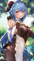 Rule 34 | 1girl, absurdres, ahoge, bad id, bad pixiv id, bare shoulders, blue hair, blush, bodystocking, bodysuit, bow, breast suppress, breasts, brown bodysuit, brown gloves, covered navel, cowbell, detached sleeves, ganyu (genshin impact), genshin impact, gloves, goat horns, gold trim, hair bow, highres, horns, huge filesize, large breasts, long hair, looking at viewer, low ponytail, open mouth, purple eyes, signature, solo, tree, u ronnta, wet, wet clothes