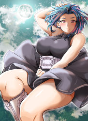 Rule 34 | 1girl, absurdres, adahcm, bare shoulders, blue hair, blush, boku no hero academia, boots, breasts, dress, highres, lady nagant, large breasts, looking at viewer, moon, multicolored hair, night, night sky, pink eyes, pink hair, shiny skin, short hair, sky, sleeveless, solo, thick thighs, thighs