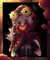 Rule 34 | 1girl, arrow (projectile), aviator cap, black eyes, black gloves, compass, flower, gloves, goggles, goggles on head, heart, heart hands, highres, identity v, looking at viewer, official alternate costume, quiver, solo, standing, tracy reznik, upper body, white hair, window