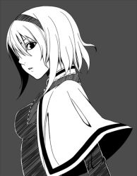 Rule 34 | 1girl, alice margatroid, capelet, expressionless, female focus, grey background, greyscale, hairband, kaguyahime, looking at viewer, monochrome, short hair, simple background, solo, touhou