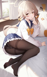 Rule 34 | 1girl, :o, absurdres, ass, bed sheet, black pantyhose, blonde hair, blue archive, blue sailor collar, blue skirt, bow, bowtie, commentary request, finger to mouth, frilled skirt, frills, full body, hair between eyes, halo, hifumi (blue archive), highres, index finger raised, indoors, long sleeves, low twintails, lying, on bed, on side, open mouth, panties, panties under pantyhose, pantyhose, peroro (blue archive), pleated skirt, poinia, puffy long sleeves, puffy sleeves, sailor collar, shirt, skirt, soles, solo, stuffed animal, stuffed bird, stuffed toy, thighband pantyhose, thighs, twintails, underwear, white shirt, wing hair ornament, yellow bow, yellow bowtie, yellow eyes, yellow halo