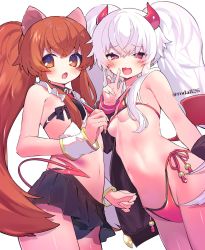 Rule 34 | 2girls, aloe (quiz magic academy), animal ears, bikini, black jacket, black panties, black skirt, blush, breasts, brown eyes, commentary request, demon girl, demon tail, grim aloe, heart, heart-shaped pupils, highres, horns, jacket, long hair, looking at viewer, low wings, multiple girls, navel, open mouth, orange hair, panties, pink eyes, pleated skirt, quiz magic academy, quiz magic academy the world evolve, red bikini, red horns, red wings, roda (roda826), simple background, skirt, small breasts, smile, swimsuit, symbol-shaped pupils, tail, twintails, twitter username, underwear, very long hair, white background, white hair, wings, wrist cuffs