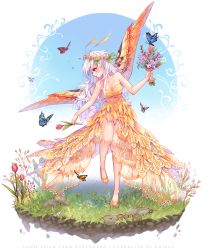 Rule 34 | 1girl, animal, antennae, artist name, bare arms, bare legs, bare shoulders, blue eyes, blue hair, blue sky, blush, breasts, bug, butterfly, butterfly wings, cleavage, closed mouth, collarbone, day, dress, flower, flower wreath, full body, grass, head wreath, highres, holding, holding flower, hyanna-natsu, insect, insect wings, long hair, looking away, looking down, looking to the side, medium breasts, no socks, original, outdoors, profile, rock, shoes, sky, smile, solo, strapless, strapless dress, tulip, wings, yellow dress, yellow footwear, yellow wings