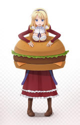 Rule 34 | 1girl, blonde hair, blue eyes, boots, breasts, burger, checkered background, cleavage, cleavage cutout, clothing cutout, costume, cross-laced footwear, detached sleeves, dress, employee uniform, fast food uniform, food, freezing (series), gradient background, hairband, highres, in food, lace-up boots, large breasts, long hair, satellizer el bridget, solo, sunimu, uniform