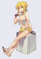 Rule 34 | 1girl, akatsuki kirika, blonde hair, breasts, commentary request, cup, drink, green eyes, grey background, hair between eyes, hair ornament, looking at viewer, medium breasts, navel, open mouth, senki zesshou symphogear, short hair, shorts, simple background, sitting, solo, topless, towel, towel around neck, tsukamoto kensuke, unfinished, x hair ornament