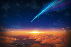 Rule 34 | cloud, comet, commentary, commentary request, crescent moon, english commentary, evening, fantasy, highres, horizon, kimi no na wa., mixed-language commentary, moon, no humans, ocean, scenery, shore, sky, star (sky), starry sky, sun, sunset, vinci v7