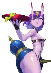 Rule 34 | 1girl, armpit crease, ass, bare shoulders, colored skin, covered erect nipples, cup, eric ueda, eyeshadow, fangs, fate/grand order, fate (series), fingernails, gem, gourd, gradient horns, green gemstone, grey background, highres, holding, holding cup, horns, liquid, makeup, multicolored horns, oni, open mouth, purple eyes, purple hair, purple skin, red eyeshadow, sakazuki, shuten douji (fate), simple background, skin-covered horns, solo, teeth, tongue, tongue out, upper teeth only