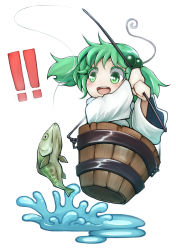 Rule 34 | !, !!, 1girl, bad id, bad pixiv id, bucket, fish, fishing, fishing rod, green eyes, green hair, hair bobbles, hair ornament, in bucket, in container, japanese clothes, kimono, kisume, matching hair/eyes, open mouth, simple background, smile, solo, teko, touhou, twintails, white background, yukata