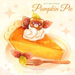 Rule 34 | artist name, autumn, autumn leaves, blush stickers, chocomiruki, commentary, dessert, english text, food, food focus, fork, grid background, leaf, no humans, original, pastry, pie, plate, pumpkin, pumpkin pie, raccoon, still life, symbol-only commentary, whipped cream