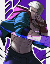 1boy abs absurdres arms_up asymmetrical_hair blonde_hair blue_hoodie blue_pants character_name commentary cowboy_shot ed_(street_fighter) erzomori fingerless_gloves gloves groin highres hood hood_down hoodie jewelry looking_to_the_side magic male_focus multicolored_hoodie navel necklace open_clothes open_hoodie pants parted_lips pectorals punching red_gloves red_hood solo street_fighter street_fighter_6