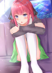 Rule 34 | 1girl, :o, absurdres, aquarium, black cardigan, black ribbon, blue eyes, blunt bangs, blurry, blurry background, blush, butterfly hair ornament, cardigan, collared shirt, commentary request, couch, full body, go-toubun no hanayome, green skirt, hair intakes, hair ornament, hair ribbon, highres, hugging own legs, indoors, kneehighs, lens flare, light rays, looking at viewer, nakano nino, open cardigan, open clothes, pink hair, ribbon, school uniform, shadow, shirt, sidelocks, sitting, skirt, socks, solo, sunbeam, sunlight, two side up, umineco 1, white shirt, white socks
