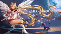 Rule 34 | 1990s (style), 1girl, bishoujo senshi sailor moon, bishoujo senshi sailor moon sailor stars, bishoujo senshi sailor moon stars, bishoujo senshi sailor moon supers, blonde hair, blue eyes, blue sailor collar, boots, brooch, bug, butterfly, cat, character name, crescent, crescent facial mark, doily, elbow gloves, eternal sailor moon, facial mark, floating hair, gloves, hair ornament, hairclip, heart, heart brooch, helios (sailor moon), high heels, highres, insect, jewelry, knee boots, long hair, luna (sailor moon), pegasus (sailor moon), retro artstyle, ribbon, sailor collar, sailor moon, shoes, shoumura (mix), signature, squatting, staff, tsukino usagi, twintails, very long hair, white footwear, white gloves, wing brooch, wings