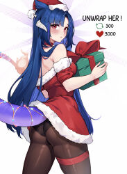 Rule 34 | 2girls, absurdres, ass, blue hair, breasts, choker, commentary, cowboy shot, dragon girl, dragon horns, dragon tail, dress, english commentary, english text, gift, hat, heart, highres, horns, indie virtual youtuber, like and retweet, long hair, looking at viewer, multiple girls, multiple horns, panties, pantyhose, rer goku, santa dress, santa hat, short sleeves, small breasts, solo, tail, thigh strap, underwear, vienna (vtuber), virtual youtuber