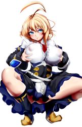 Rule 34 | 1girl, absurdres, ahoge, blazblue, blonde hair, blue eyes, blush, boots, braid, breasts squeezed together, breasts, covered erect nipples, es (xblaze), full body, highres, huge ahoge, huge breasts, impossible clothes, impossible shirt, long braid, long hair, mamimi (mamamimi), nipples, no bra, see-through, shirt, single braid, solo, spread legs, squatting, tiptoes, white background, xblaze, xblaze code: embryo