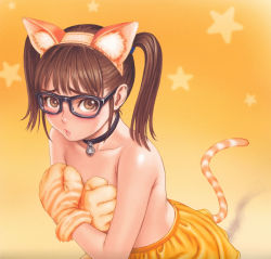 Rule 34 | 1girl, absurdres, animal ears, animal hands, bell, blush, brown eyes, brown hair, cat ears, cat tail, collar, covering breasts, covering privates, crossed arms, dutch angle, embarrassed, fake animal ears, flat chest, fur, glasses, gradient background, hairband, highres, jingle bell, leaning forward, looking at viewer, miniskirt, neck bell, official art, open mouth, pleated skirt, scan, scrunchie, shadow, short hair, short twintails, sidelocks, skirt, star (symbol), striped, tail, taisen hot gimmick, taisen hot gimmick 4ever, topless, tsukasa jun, twintails, upper body, yasui setsuna