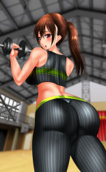 Rule 34 | 1girl, absurdres, artist request, ass, bare shoulders, blush, breasts, brown hair, cameltoe, dumbbell, exercising, from behind, highres, huge ass, large breasts, long hair, looking at viewer, looking down, open mouth, original, pants, ponytail, red eyes, shiny clothes, shiny skin, sideboob, solo, thick thighs, thighs, tight clothes, tight pants, weightlifting