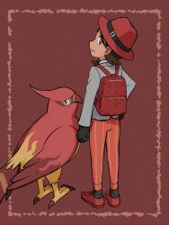 Rule 34 | 1girl, alternate costume, backpack, bag, bird, black gloves, black socks, closed mouth, commentary request, creatures (company), elizabeth (tomas21), framed, from behind, full body, game freak, gen 6 pokemon, gloves, green eyes, grey jacket, hand on own hip, hat, highres, jacket, juliana (pokemon), looking back, nintendo, orange pants, pants, pokemon, pokemon (creature), pokemon sv, red bag, red footwear, red headwear, shoes, simple background, smile, socks, standing, talonflame