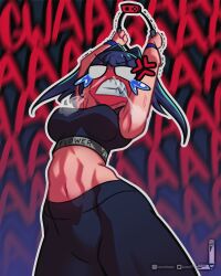 Rule 34 | 1girl, abs, anger vein, angry, armpits, arms up, blue hair, blush, breasts, clenched teeth, full-face blush, hands up, highres, holding, hololive, hololive english, large breasts, leggings, loen, midriff, navel, ouro kronii, ring-con, ring fit adventure, shouting, sidelocks, solo, sports bra, standing, steam from nose, tears, teeth, veins, virtual youtuber