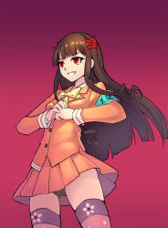Rule 34 | 10s, 1girl, aoki hagane no arpeggio, armband, ashigara (aoki hagane no arpeggio), black hair, blazer, bow, bowtie, brown hair, cowboy shot, gradient background, grin, hair ornament, heart, heart print, huazang, jacket, long hair, long sleeves, panties, pleated skirt, red background, red eyes, school uniform, sidelocks, skirt, smile, solo, thighhighs, underwear, very long hair, yellow bow, yellow bowtie