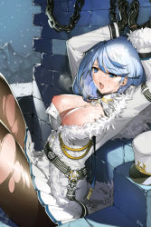 Rule 34 | 1girl, absurdres, azur lane, black gloves, blue eyes, blue hair, blush, breasts, chain, chapayev (azur lane), gloves, hair ornament, hat, highres, jacket, large breasts, looking at viewer, military hat, mole, mole on breast, nike (nike1060), nipples, open mouth, peaked cap, short hair, smile, snowing, solo, suggestive fluid, torn clothes, torn legwear, unworn hat, unworn headwear, white hat, white jacket