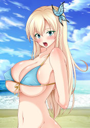 Rule 34 | 10s, 1girl, adjusting clothes, adjusting swimsuit, beach, bikini, blonde hair, blue bikini, blue eyes, blush, boku wa tomodachi ga sukunai, breasts, butterfly hair ornament, cleavage, cloud, cloudy sky, day, covered erect nipples, fang, groin, hair ornament, highres, j-max japan, kashiwazaki sena, large breasts, long hair, looking at viewer, navel, open mouth, sky, solo, surprised, sweat, sweatdrop, swimsuit