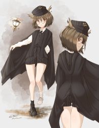 Rule 34 | 1girl, absurdres, alternate costume, arknights, asymmetrical legwear, brown eyes, brown hair, cape, closed mouth, drone, feather hair, hat, highres, jl tan, looking at viewer, short hair, silence (arknights), simple background, solo, uneven legwear, victorian
