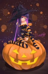 Rule 34 | 10s, 1girl, aqua eyes, bracelet, c.z., character name, colored eyelashes, colored inner hair, elbow gloves, eyelashes, gloves, halloween, hat, head tilt, highres, jack-o&#039;-lantern, jewelry, long hair, multicolored hair, on one knee, orange thighhighs, panty &amp; stocking with garterbelt, pumpkin, purple background, signature, sitting, solo, stocking (psg), striped clothes, striped thighhighs, thighhighs, two-tone hair, witch hat