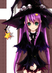 Rule 34 | fantasy, green eyes, hair ornament, hairclip, hat, les, long hair, original, purple hair, skull, smile, solo, star (symbol), torn clothes, witch hat