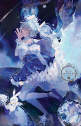Rule 34 | 1girl, artist name, bare shoulders, blue corset, blue eyes, blue footwear, blue hair, blue skirt, blue theme, cape, chinese commentary, commentary, corset, crystal, dated commentary, floating cape, floating hair, frilled skirt, frilled sleeves, frills, full body, hand on own chin, hatsune miku, high heels, juliet sleeves, lace, lace-trimmed shirt, lace-trimmed sleeves, lace trim, light blush, long hair, long sleeves, meteor shower, miniskirt, mixed-language commentary, off-shoulder shirt, off shoulder, parted lips, planet, pleated skirt, puffy sleeves, pumps, rabbit, renos, shirt, skirt, smile, snowflake print, solo, space, star (symbol), thighhighs, twintails, vocaloid, watermark, white cape, white shirt, white sleeves, white thighhighs, yuki miku, yuki miku (2019)