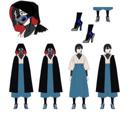 Rule 34 | 1girl, arms at sides, black cloak, black hair, character sheet, cloak, concept art, f (star wars), hair between eyes, high heels, looking ahead, mask, mouth mask, multiple views, official art, production art, robe, short hair, standing, star wars, star wars: visions, tani shiori, white background