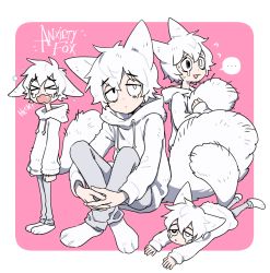 Rule 34 | ..., 1other, animal ears, anxiety fox, borrowed character, character name, fang, fox ears, grey pants, heterochromia, hood, hoodie, lying, on stomach, original, other focus, pants, paw shoes, personification, pink background, rem (tsulala), sad, shoes, simple background, sitting, spoken ellipsis, tail, tongue, tongue out