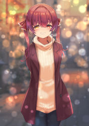 Rule 34 | 1girl, absurdres, arms behind back, brown sweater, commentary request, female focus, grin, hair between eyes, hair ribbon, heterochromia, highres, hololive, houshou marine, jacket, long hair, looking at viewer, open clothes, open jacket, pantyhose, red eyes, red hair, red jacket, ribbon, smile, solo, sweater, turtleneck, turtleneck sweater, twintails, virtual youtuber, yellow eyes, yoruillust