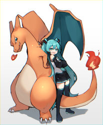 Rule 34 | 1girl, absurdres, aqua eyes, aqua hair, aqua necktie, back-to-back, bare shoulders, black skirt, black sleeves, black thighhighs, boots, breath weapon, breathing fire, charizard, commentary, creatures (company), crossed arms, crossover, detached sleeves, dragon, fire, flame-tipped tail, full body, game freak, gen 1 pokemon, girl and dragon, grey shirt, hair ornament, hatsune miku, headphones, high heels, highres, long hair, looking at viewer, miniskirt, necktie, nintendo, open mouth, pleated skirt, pokemon, pokemon (creature), reirou (chokoonnpu), sharp teeth, shirt, skirt, sleeveless, sleeveless shirt, smile, smug, standing, symbol-only commentary, teeth, thigh boots, thighhighs, twintails, very long hair, vocaloid, white background, wings, zettai ryouiki