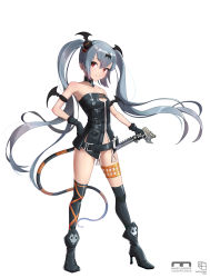 Rule 34 | 1girl, absurdres, alice (queen&#039;s gate), bare shoulders, black footwear, black gloves, black thighhighs, blue hair, breasts, cleavage, commentary request, copyright request, full body, gloves, hair between eyes, highres, holding, long hair, queen&#039;s blade, queen&#039;s gate, red eyes, shoes, simple background, small breasts, solo, thighhighs, twintails, very long hair, white background, zoneky