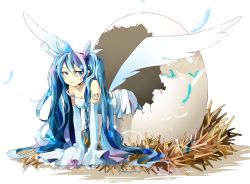 Rule 34 | 1girl, blue eyes, blue hair, detached sleeves, egg, eggshell, feathers, hatching, hatsune miku, hoshino kisora, long hair, matching hair/eyes, nest, solo, strap slip, twintails, very long hair, vocaloid, wings