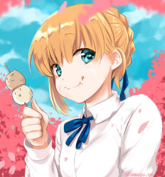 Rule 34 | 1girl, :t, artoria pendragon (all), artoria pendragon (fate), blonde hair, blue eyes, dango, fate/stay night, fate (series), food, gradient background, iwanaga tm, looking at viewer, puffy cheeks, saber (fate), skewer, solo, wagashi