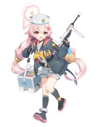 Rule 34 | 1girl, absurdres, ankle cuffs, badge, bag, belt, blue hair, blush, button badge, charm (object), choker, cooler, dixie cup hat, fingerless gloves, fish charm, food, full body, gloves, gun, hair flaps, hair ornament, hairclip, halo, hat, hat pin, highres, holding, holding gun, holding strap, holding weapon, ice cream, jacket, jewelry, leaning forward, long hair, long sleeves, looking at viewer, low twintails, mearyo, military hat, multicolored hair, neckerchief, open mouth, original, pendant, pink hair, red eyes, sailor collar, shoes, shorts, smile, socks, solo, streaked hair, thick eyebrows, twintails, v-shaped eyebrows, very long hair, walking, weapon, zipper, zipper pull tab