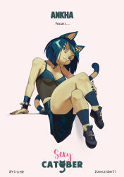 Rule 34 | 1girl, 2021, absurdres, animal crossing, animal ears, ankha (animal crossing), black eyes, black hair, blue hair, blunt bangs, bob cut, breasts, cat ears, cat girl, cat tail, catober 2020, colored skin, egyptian, feliscede, furry, furry female, hair ornament, highres, looking at viewer, nintendo, short hair, simple background, snake hair ornament, solo, striped tail, tail, yellow skin