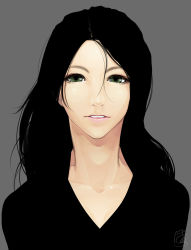 Rule 34 | 1girl, black hair, collarbone, commentary request, eyelashes, facing viewer, green eyes, grey background, hair strand, highres, lips, long hair, looking at viewer, original, parted lips, pink lips, poaro, realistic, signature, simple background, solo, upper body, v-neck