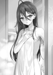 Rule 34 | 1girl, absurdres, ahoge, armpit crease, armpits, bare arms, bare shoulders, bathroom, blush, bottle, breasts, collarbone, commentary request, covering privates, cowboy shot, door, door handle, doorway, greyscale, hair between eyes, hair over shoulder, hand on own chest, head tilt, highres, holding, holding towel, indoors, long hair, looking at viewer, mirror, momoko (momopoco), monochrome, naked towel, nude, nude cover, opening door, parted lips, pov doorway, shower (place), sidelocks, small breasts, soap dispenser, solo, steam, suou yuki, sweatdrop, tokidoki bosotto roshia-go de dereru tonari no arya-san, towel, very long hair