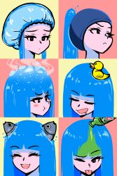 Rule 34 | 1girl, :d, :t, ;p, akairiot, angry, blunt bangs, blush stickers, boiling, bottle, breasts, bubble, closed eyes, contrail, expressions, facial expressions, fish, highres, kelda (akairiot), liquid hair, long hair, looking to the side, medium breasts, multiple views, one eye closed, open mouth, original, rubber duck, sad, simple background, smile, swim cap, tearing up, tongue, tongue out, yellow background
