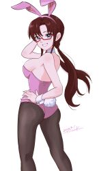 Rule 34 | 1girl, 2023, absurdres, alternate costume, animal ears, ass, blue eyes, breasts, bright pupils, brown hair, detached collar, fake animal ears, fake tail, from behind, glasses, grin, hairband, hand on own hip, highres, large breasts, leotard, long hair, looking at viewer, looking back, makinami mari illustrious, neon genesis evangelion, pantyhose, pink leotard, playboy bunny, rabbit ears, rebuild of evangelion, red-framed eyewear, smile, solo, strapless, strapless leotard, tail, thighs, tsunemoku, twintails, white pupils, wrist cuffs