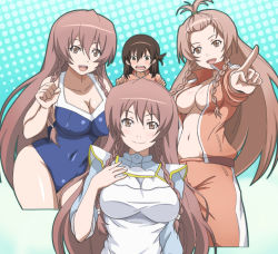Rule 34 | 10s, 2girls, :d, alternate hairstyle, apron, aqua background, banboro (technobot), bare shoulders, blue one-piece swimsuit, blush, body blush, braid, breasts, brown eyes, brown hair, cleavage, competition school swimsuit, cowboy shot, de metrio lu yurikano, hair between eyes, hairband, halftone, halftone background, hand on own chest, high collar, jacket, kyouno madoka, large breasts, leaning forward, long hair, long sleeves, looking at viewer, maid, maid apron, multiple girls, multiple persona, navel, no bra, one-piece swimsuit, open clothes, open jacket, open mouth, open shirt, orange eyes, outstretched arm, pants, pink hair, pointing, rinne no lagrange, school swimsuit, scrunchie, shirt, side braid, sleeves rolled up, smile, surprised, sweatdrop, swimsuit, taut clothes, topknot, track jacket, track pants, track suit, twin braids, upper body, very long hair, wide hips, yurikano de metrio lu