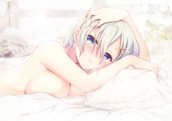 Rule 34 | 1girl, blue eyes, blush, breasts, cleavage, collarbone, commentary, day, gunp, hair between eyes, hair ornament, hairclip, half-closed eyes, hamakaze (kancolle), hand in own hair, hand on own head, indoors, kantai collection, large breasts, looking at viewer, lying, messy hair, nude, on bed, on stomach, parted lips, pillow, short hair, sidelocks, silver hair, solo, window