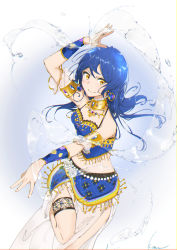 Rule 34 | 1girl, absurdres, arm up, bare shoulders, blue hair, choker, commentary request, cowboy shot, earrings, flower, highres, hydrokinesis, jewelry, kusumura, long hair, looking at viewer, love live!, navel, simple background, skirt, smile, solo, sonoda umi, swept bangs, water, white background, yellow eyes
