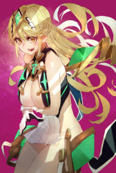 Rule 34 | 1girl, bare shoulders, blonde hair, breasts, cleavage, highres, large breasts, long hair, looking at viewer, mythra (xenoblade), nintendo, open mouth, smile, solo, tears, xenoblade chronicles (series), xenoblade chronicles 2, xenoblade chronicles (series), xenoblade chronicles 2, yellow eyes