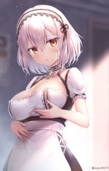 Rule 34 | 1girl, anchor, azur lane, blurry, blurry background, blush, breast lift, breasts, choker, cleavage, collarbone, commentary request, dress, hair between eyes, hairband, head tilt, lace-trimmed hairband, lace trim, large breasts, light particles, looking at viewer, parted lips, puffy sleeves, red eyes, ribbon, short hair, short sleeves, sidelocks, sirius (azur lane), solo, suyamori, white hair