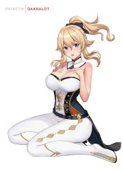 Rule 34 | 1girl, artist name, belt, blonde hair, blush, bow, breasts, coattails, dakkalot, detached collar, genshin impact, hair bow, hands on own chest, high ponytail, jean (genshin impact), large breasts, long hair, open mouth, pants, ponytail, purple eyes, sidelocks, simple background, sitting, solo, tight clothes, tight pants, white background, white pants