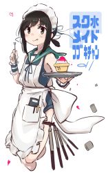 Rule 34 | 1girl, alternate costume, apron, black eyes, black hair, blue sailor collar, cowboy shot, food, frilled apron, frills, fubuki (kancolle), highres, kantai collection, long hair, looking at viewer, low ponytail, ma rukan, maid headdress, ponytail, sailor collar, shaved ice, short ponytail, sidelocks, solo, translation request, white apron, white background