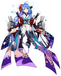 Rule 34 | 1girl, ahoge, alternate costume, azur lane, black footwear, black gloves, blue hair, blush, boots, breasts, bug, butterfly, cannon, flower, full body, gloves, gradient hair, hair between eyes, hair flower, hair ornament, hands up, helena (azur lane), helena (new year&#039;s bluebird) (azur lane), highres, insect, knee boots, long hair, medium breasts, multicolored hair, obi, official art, purple eyes, purple hair, realmbw, red flower, rigging, sash, shawl, short hair, sidelocks, solo, thighhighs, transparent background, turret, very long hair, white thighhighs